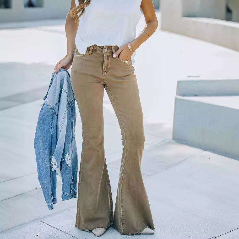 Comfortabele Flared Broek Dames van Stretch Denim met Hoge Taille en Bootcut Design - ZovaFashion - Lange Broek Dames