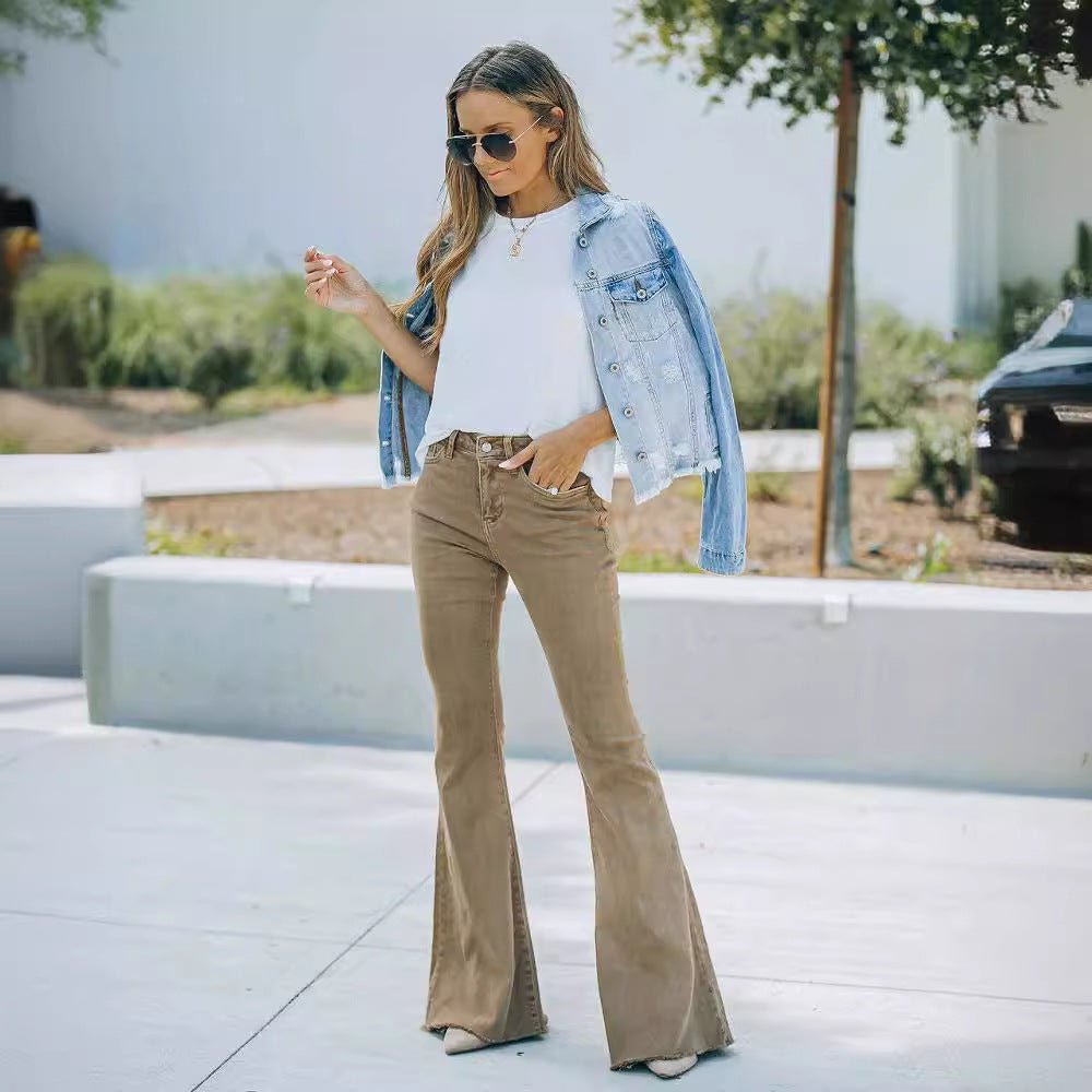 Comfortabele Flared Broek Dames van Stretch Denim met Hoge Taille en Bootcut Design - ZovaFashion - Lange Broek Dames