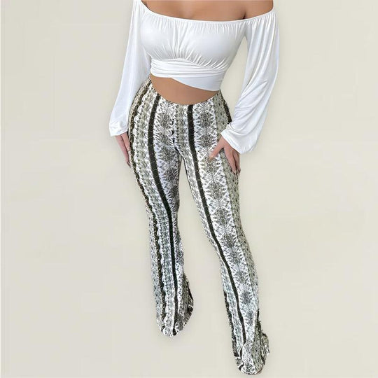 Cotton Blend Pantalon Dames met Hoge Taille en Flared Pijpen - Textured Design voor een Retro Look - ZovaFashion - Lange Broek Dames