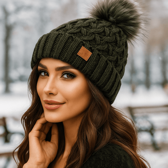 Wintermuts met pompon, kabelbreiwerk