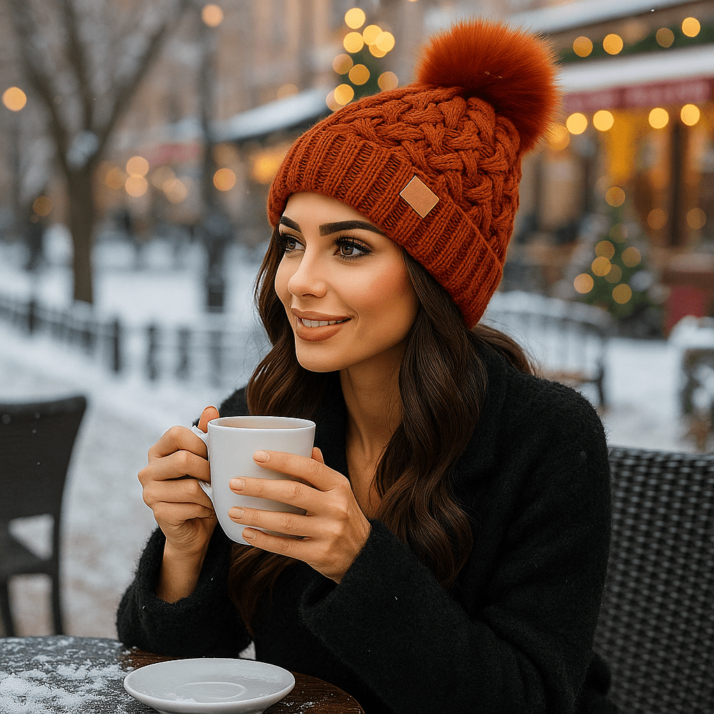 Wintermuts met pompon, kabelbreiwerk