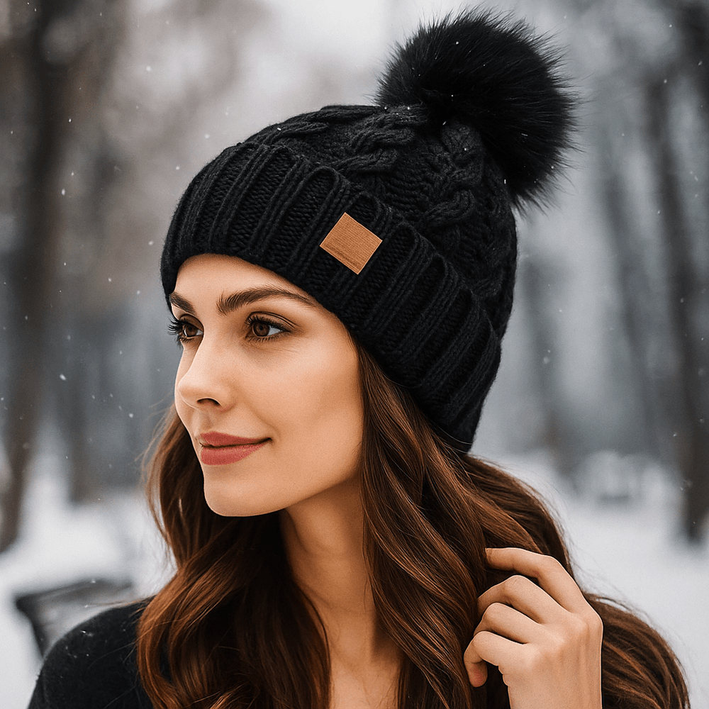 Wintermuts met pompon, kabelbreiwerk