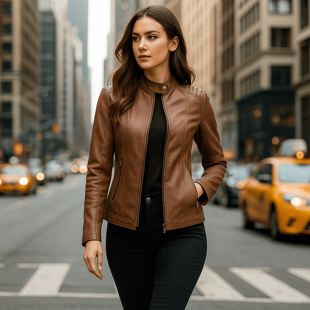 Dames Leren Jas - Elegante Ontwerp - Mao Kraag - Comfort