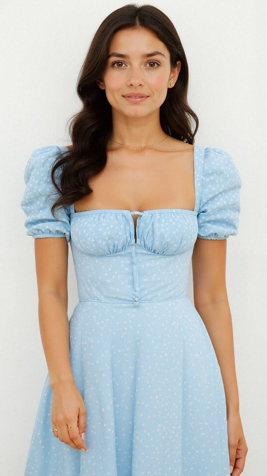 Daniela Midi Zomerjurk Dames van Katoen met Vierkante Halslijn en Vloeiende Silhouet - ZovaFashion - Midi Jurk