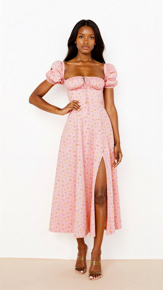 Daniela Midi Zomerjurk Dames van Katoen met Vierkante Halslijn en Vloeiende Silhouet - ZovaFashion - Midi Jurk