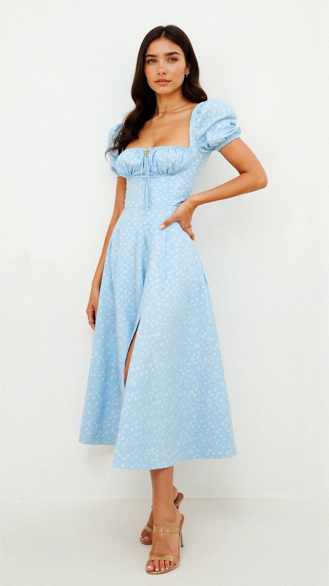 Daniela Midi Zomerjurk Dames van Katoen met Vierkante Halslijn en Vloeiende Silhouet - ZovaFashion - Midi Jurk