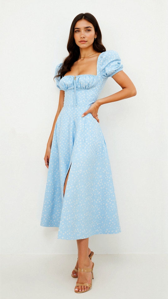 Daniela Midi Zomerjurk Dames van Katoen met Vierkante Halslijn en Vloeiende Silhouet - ZovaFashion - Midi Jurk