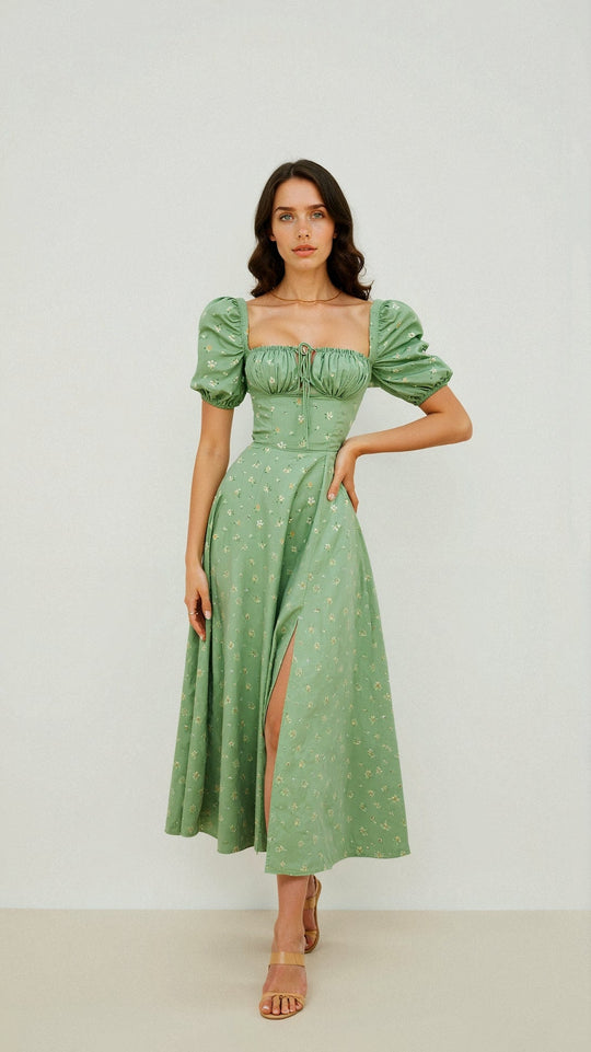 Daniela Midi Zomerjurk Dames van Katoen met Vierkante Halslijn en Vloeiende Silhouet - ZovaFashion - Midi Jurk