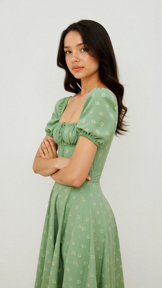 Daniela Midi Zomerjurk Dames van Katoen met Vierkante Halslijn en Vloeiende Silhouet - ZovaFashion - Midi Jurk