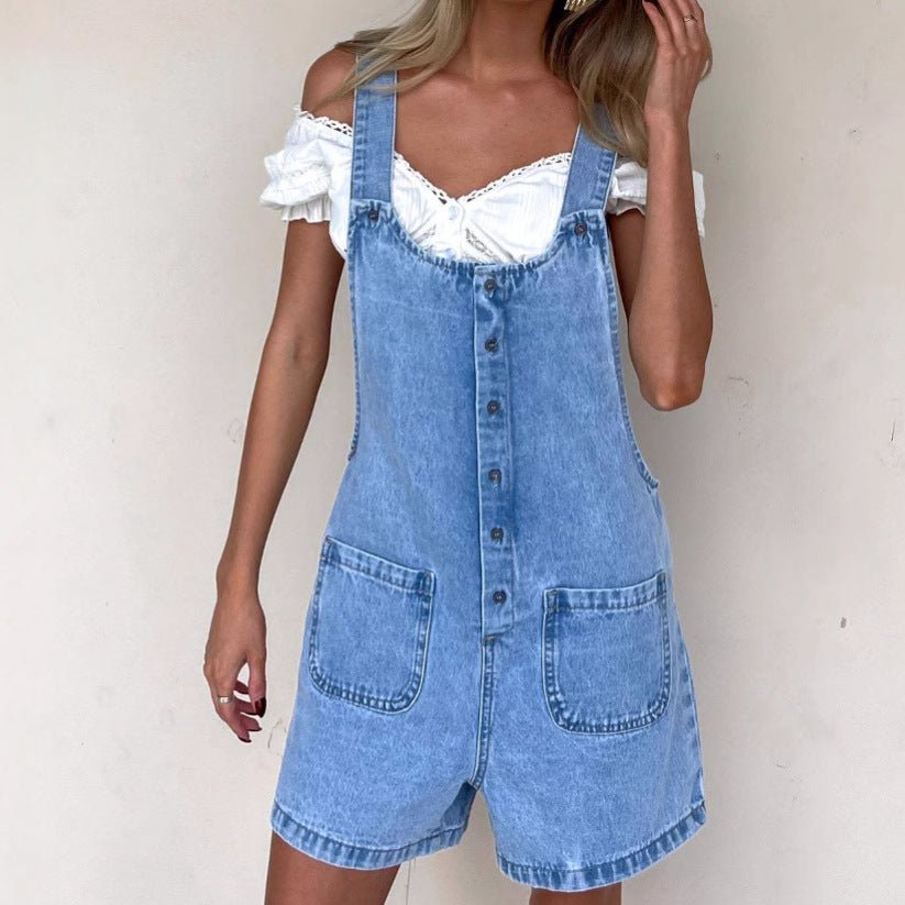 Denim Korte Broek Dames met Verstelbare Bandjes en Knoopsluiting - Loose Fit - Zova - Fashion - Korte Broek Dames