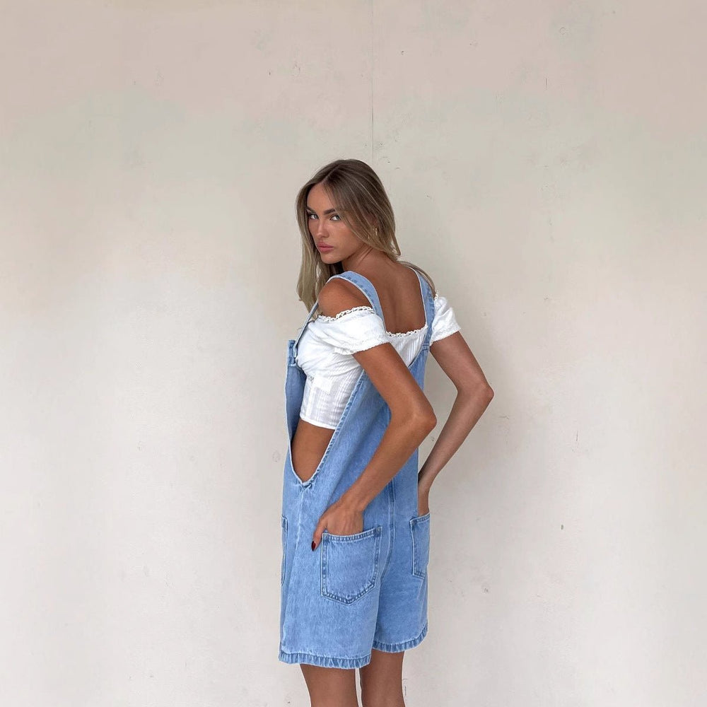 Denim Korte Broek Dames met Verstelbare Bandjes en Knoopsluiting - Loose Fit - Zova - Fashion - Korte Broek Dames