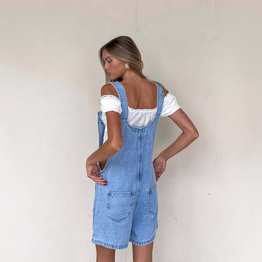 Denim Korte Broek Dames met Verstelbare Bandjes en Knoopsluiting - Loose Fit - Zova - Fashion - Korte Broek Dames