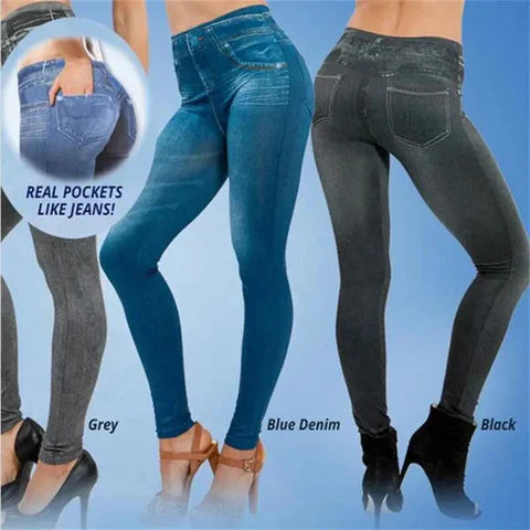 Spijkerbroek Dames Leggings van Imitatie Denim met Elastische Tailleband