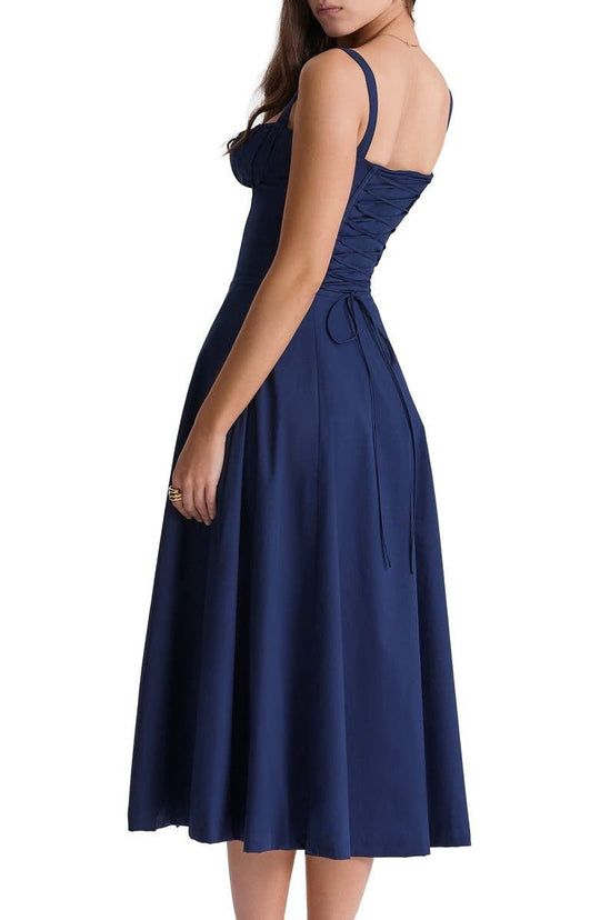Elegante Katoenen Midi Zomerjurk met V - Hals en Elastische Tailleband - ZovaFashion - Midi Jurk