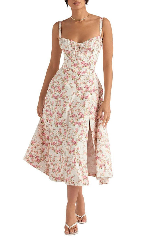 Elegante Katoenen Midi Zomerjurk met V - Hals en Elastische Tailleband - ZovaFashion - Midi Jurk