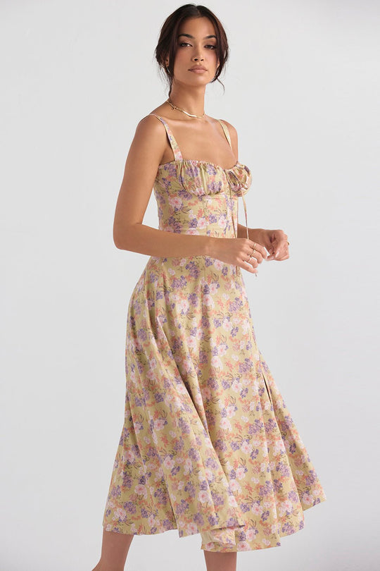 Elegante Katoenen Midi Zomerjurk met V - Hals en Elastische Tailleband - ZovaFashion - Midi Jurk