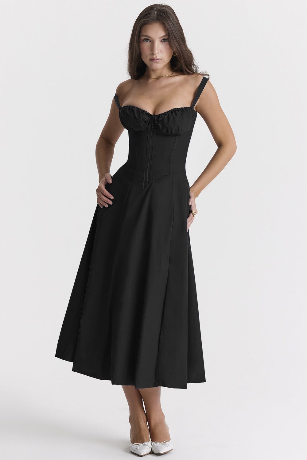 Elegante Katoenen Midi Zomerjurk met V - Hals en Elastische Tailleband - ZovaFashion - Midi Jurk