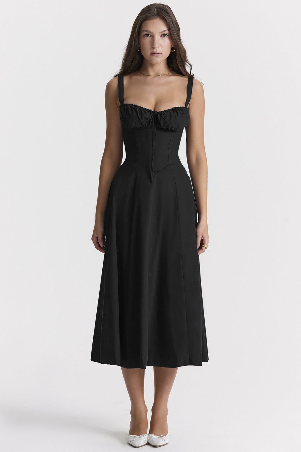 Elegante Katoenen Midi Zomerjurk met V - Hals en Elastische Tailleband - ZovaFashion - Midi Jurk
