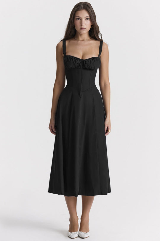 Elegante Katoenen Midi Zomerjurk met V - Hals en Elastische Tailleband - ZovaFashion - Midi Jurk