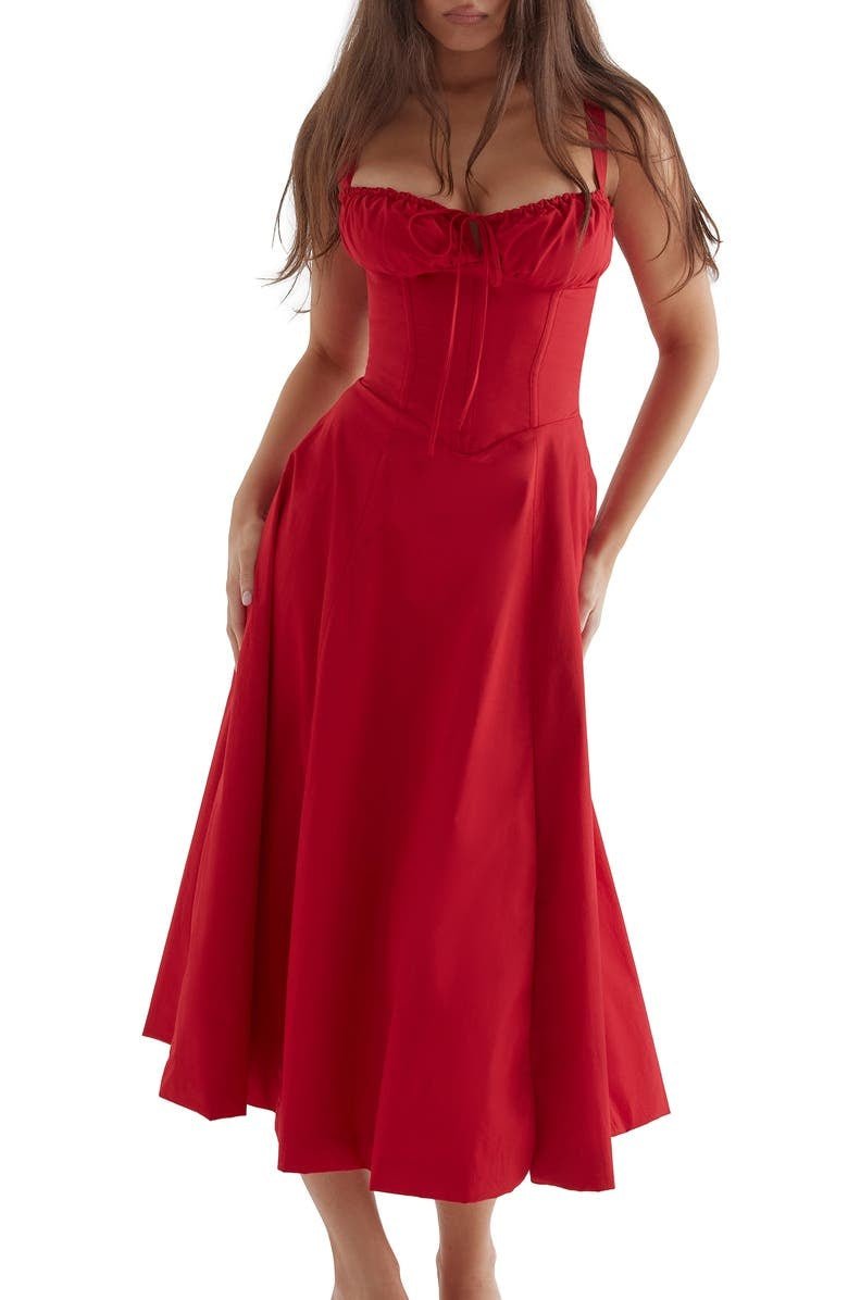 Elegante Katoenen Midi Zomerjurk met V - Hals en Elastische Tailleband - ZovaFashion - Midi Jurk