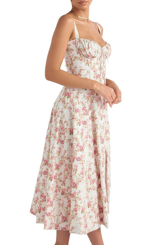 Elegante Katoenen Midi Zomerjurk met V - Hals en Elastische Tailleband - ZovaFashion - Midi Jurk