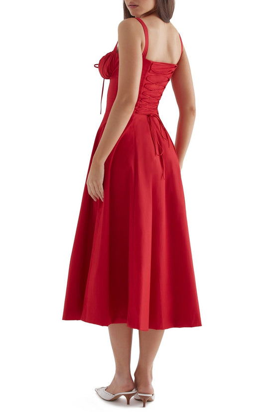 Elegante Katoenen Midi Zomerjurk met V - Hals en Elastische Tailleband - ZovaFashion - Midi Jurk