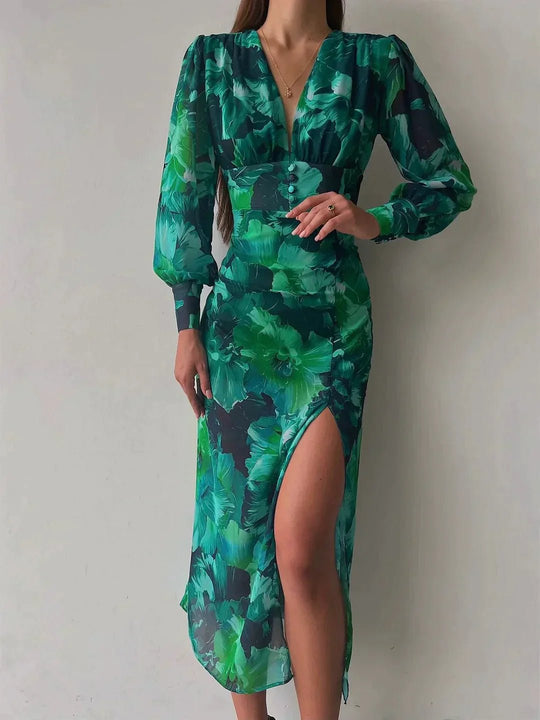 Elegante Maxi Zomerjurk Dames van Chiffon met Lange Mouwen en V - Hals - ZovaFashion - Maxi Jurk
