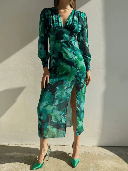 Elegante Maxi Zomerjurk Dames van Chiffon met Lange Mouwen en V - Hals - ZovaFashion - Maxi Jurk