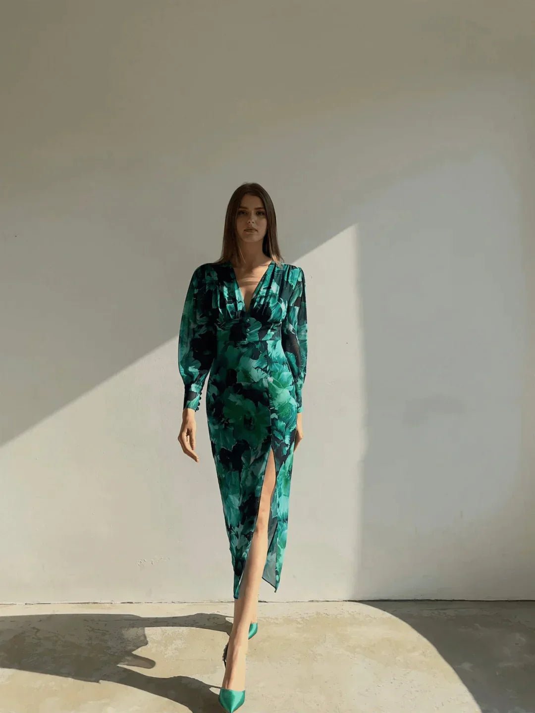 Elegante Maxi Zomerjurk Dames van Chiffon met Lange Mouwen en V - Hals - ZovaFashion - Maxi Jurk