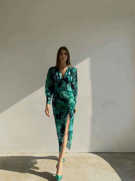 Elegante Maxi Zomerjurk Dames van Chiffon met Lange Mouwen en V - Hals - ZovaFashion - Maxi Jurk