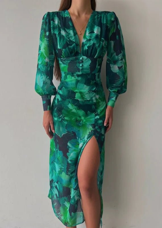 Elegante Maxi Zomerjurk Dames van Chiffon met Lange Mouwen en V - Hals - ZovaFashion - Maxi Jurk