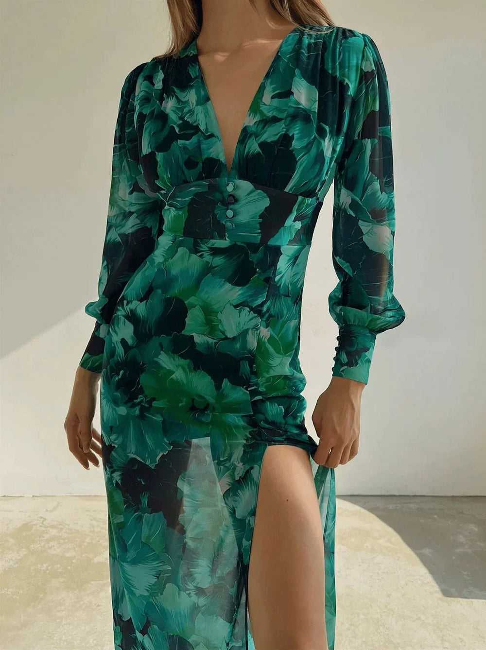 Elegante Maxi Zomerjurk Dames van Chiffon met Lange Mouwen en V - Hals - ZovaFashion - Maxi Jurk