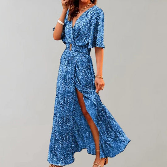 Elegante Maxi Zomerjurk Dames van Katoen met V - Hals en Zijslit - ZovaFashion - Maxi Jurk