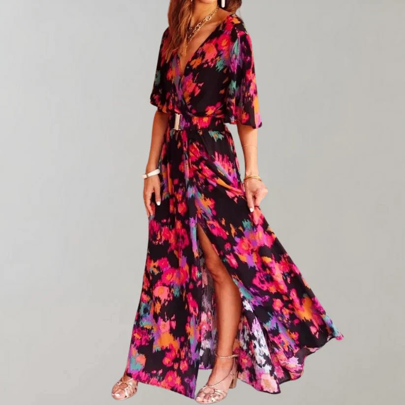 Elegante Maxi Zomerjurk Dames van Katoen met V - Hals en Zijslit - ZovaFashion - Maxi Jurk