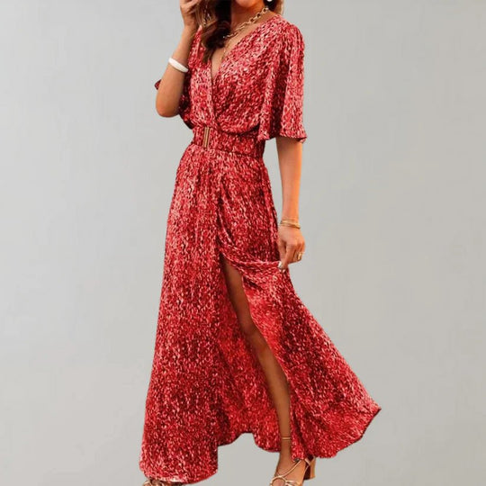 Elegante Maxi Zomerjurk Dames van Katoen met V - Hals en Zijslit - ZovaFashion - Maxi Jurk