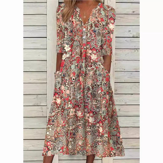Elegante Maxi Zomerjurk Dames van Katoenmix met V - Hals en 3/4 Mouw - Bohemian Print - ZovaFashion - Maxi Jurk