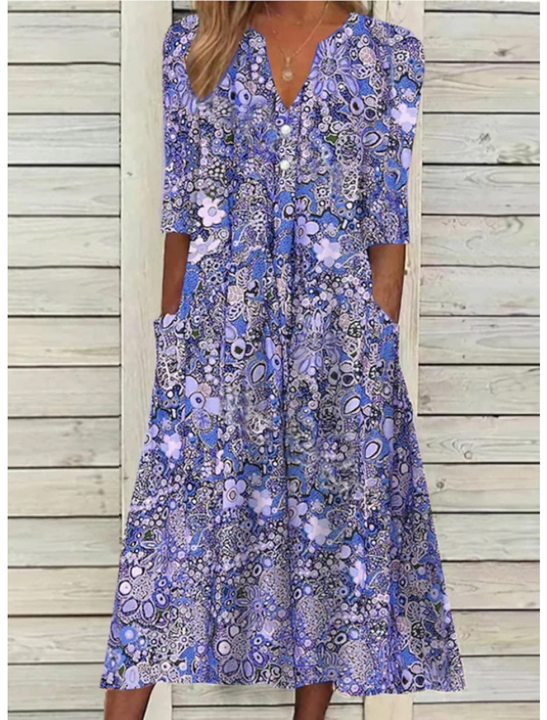 Elegante Maxi Zomerjurk Dames van Katoenmix met V - Hals en 3/4 Mouw - Bohemian Print - ZovaFashion - Maxi Jurk