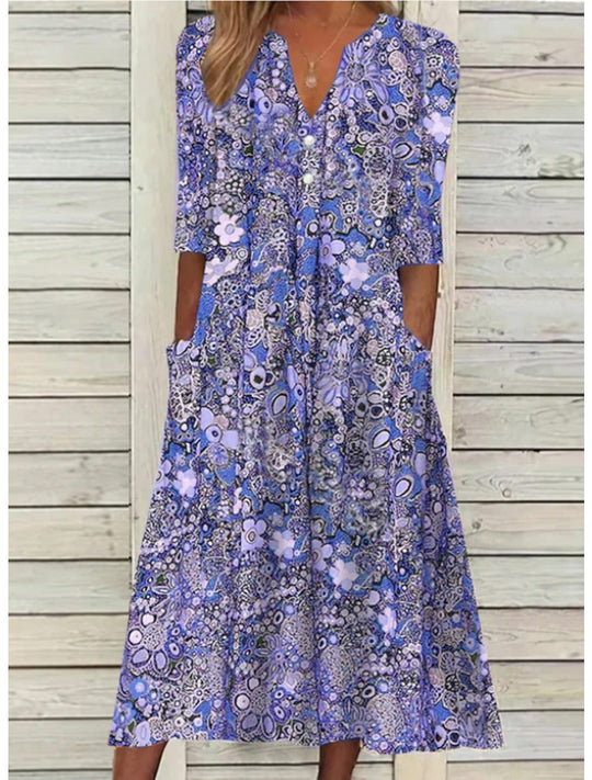 Elegante Maxi Zomerjurk Dames van Katoenmix met V - Hals en 3/4 Mouw - Bohemian Print - ZovaFashion - Maxi Jurk