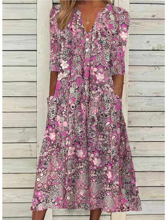 Elegante Maxi Zomerjurk Dames van Katoenmix met V - Hals en 3/4 Mouw - Bohemian Print - ZovaFashion - Maxi Jurk