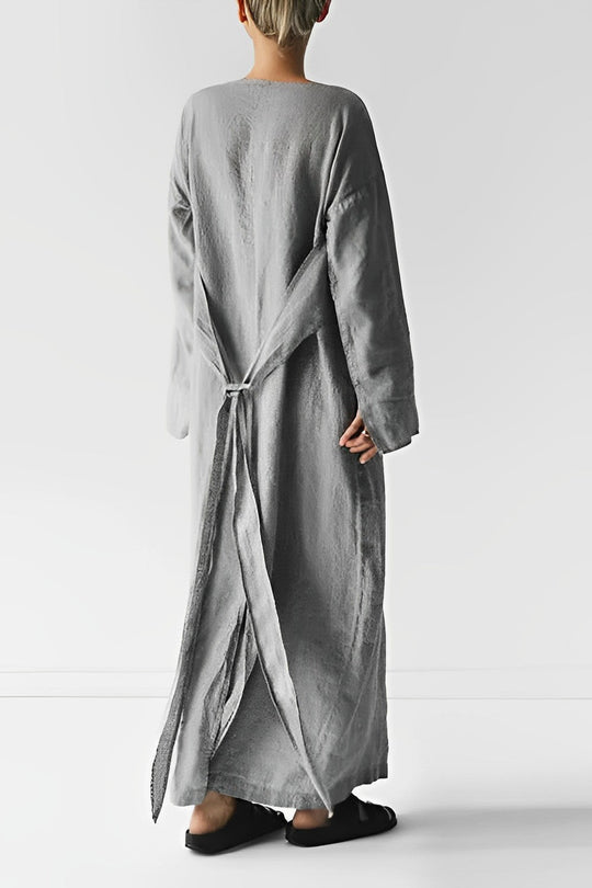 Elegante Maxi Zomerjurk Dames van Linnen met Wikkelstijl en Lange Mouwen - ZovaFashion - Maxi Jurk