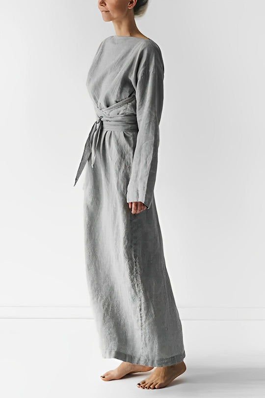 Elegante Maxi Zomerjurk Dames van Linnen met Wikkelstijl en Lange Mouwen - ZovaFashion - Maxi Jurk