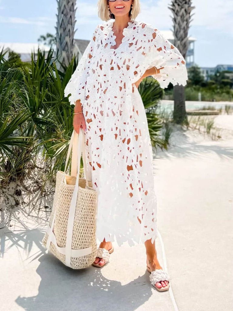 Elegante Midi Zomerjurk Dames van Katoen en Kant met 3/4 Mouw en Stijlvolle Afwerking - ZovaFashion - Midi Jurk