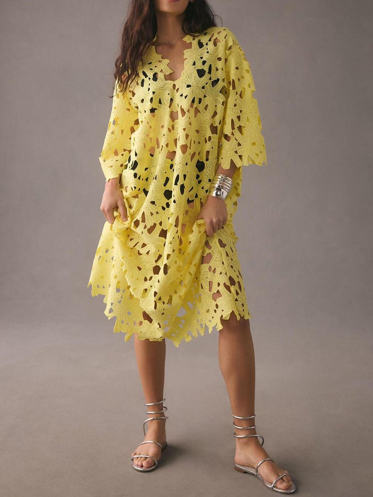 Elegante Midi Zomerjurk Dames van Katoen en Kant met 3/4 Mouw en Stijlvolle Afwerking - ZovaFashion - Midi Jurk