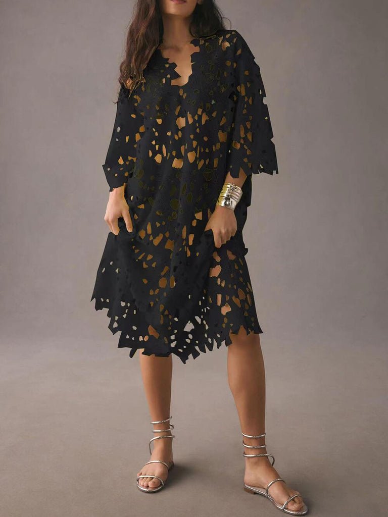 Elegante Midi Zomerjurk Dames van Katoen en Kant met 3/4 Mouw en Stijlvolle Afwerking - ZovaFashion - Midi Jurk