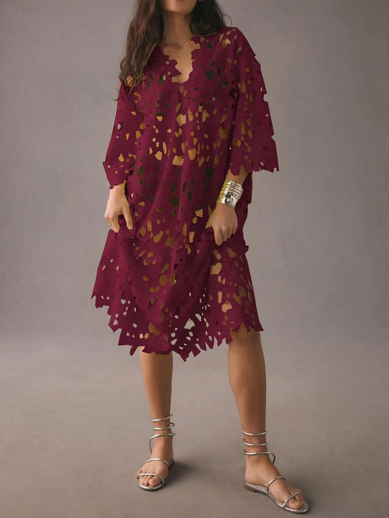 Elegante Midi Zomerjurk Dames van Katoen en Kant met 3/4 Mouw en Stijlvolle Afwerking - ZovaFashion - Midi Jurk