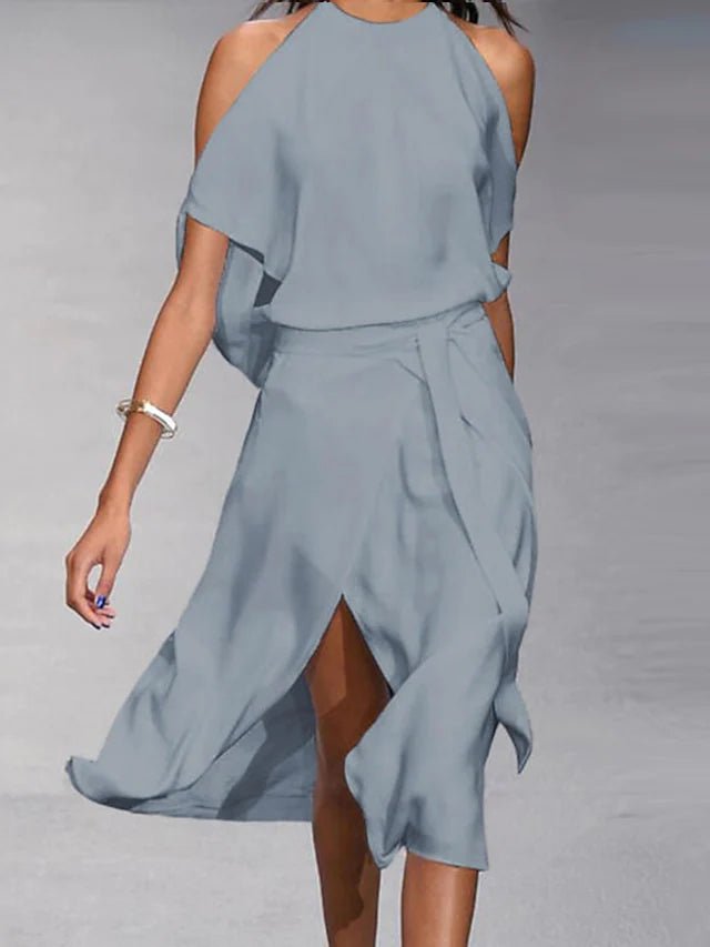 Elegante Midi Zomerjurk Dames van Polyester met Off - Shoulder en Wrap Stijl - ZovaFashion - Midi Jurken