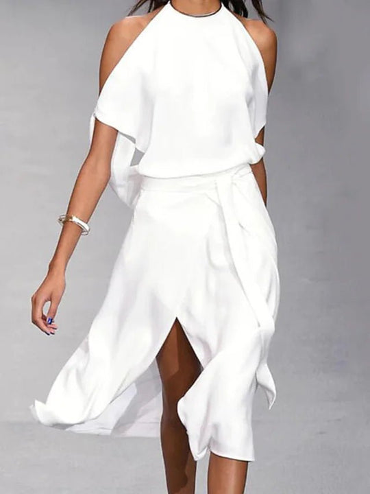 Elegante Midi Zomerjurk Dames van Polyester met Off - Shoulder en Wrap Stijl - ZovaFashion - Midi Jurken