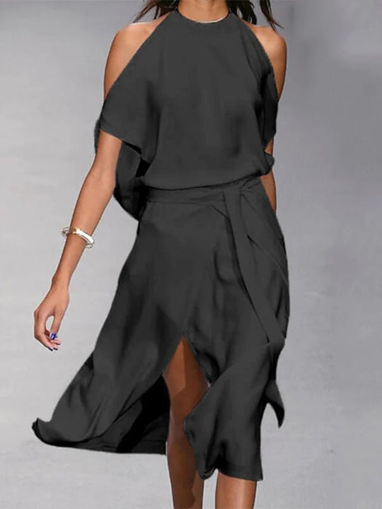 Elegante Midi Zomerjurk Dames van Polyester met Off - Shoulder en Wrap Stijl - ZovaFashion - Midi Jurken