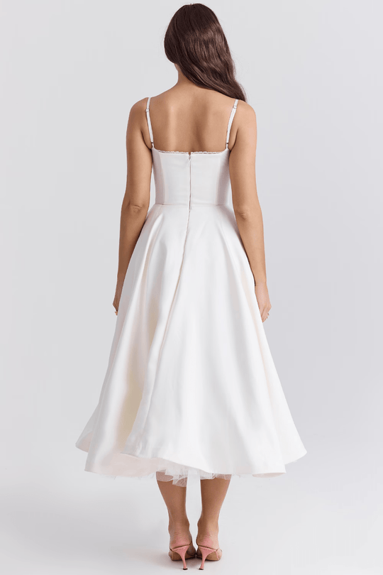 Elegante Midi Zomerjurk Dames van Satijn met Spaghetti Bandjes en Kant Details - ZovaFashion - Midi Jurken