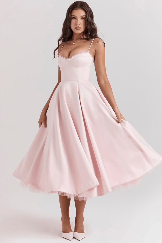Elegante Midi Zomerjurk Dames van Satijn met Spaghetti Bandjes en Kant Details - ZovaFashion - Midi Jurken